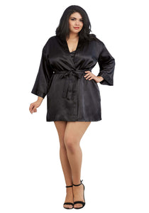 Plus Size Women's Black Charmeuse Chemise and Robe | Adult Lingerie