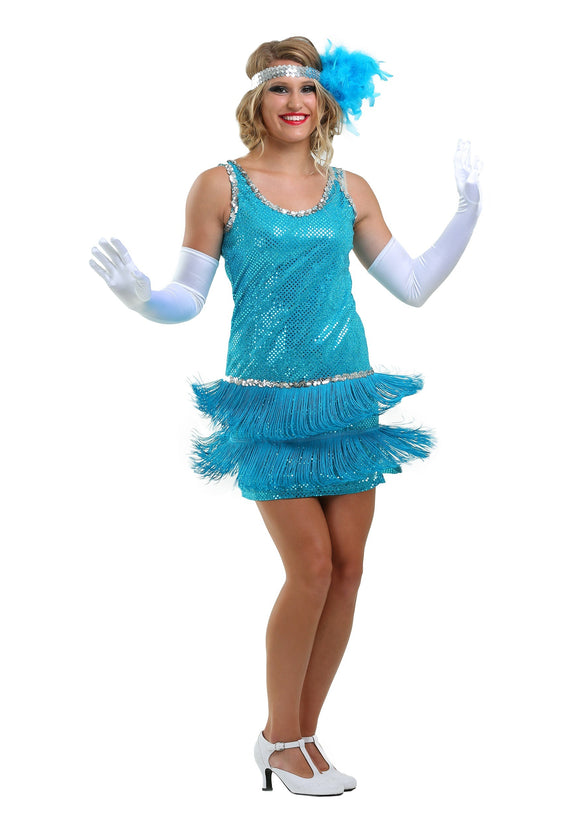 Sequin & Fringe Turquoise Flapper Costume for Women