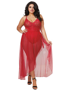 Women's Plus Size Stretch Lace Teddy & Sheer Skirt Set | Adult Lingerie