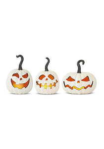 Set of Three White Resin LED Flicker Flame Jack O Lanterns