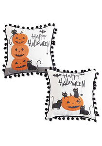 Set of Two 9" White Happy Halloween Pillows W/ Black Pom Poms